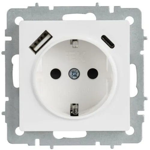 Розетка BRITE РЮш11-1-БрАБ 16А с USB A+C 18Вт с заземл. защ. шторки механизм арктич. бел. IEK BR-R14-16-U22-018-K91 фото 2