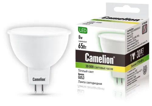 Лампа светодиодная LED8-S108/830/GU5.3 8Вт рефлектор матовая 3000К тепл. бел. GU5.3 150-265В Camelion 12871 фото 2