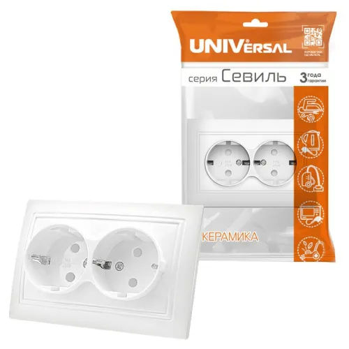 Розетка 2-м СП Севиль 16А IP24 с заземл. защ. шторки бел. UNIVersal С0050 фото 2