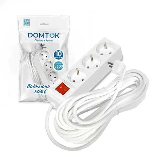 Удлинитель 3х10м с заземл. 16А IP20 3.5кВт ПВС 3х1 с выкл. бел. DOMTOK 2380 фото 2
