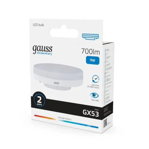 Лампа светодиодная Elementary 9Вт таблетка 6500К холод. бел. GX53 700лм GAUSS 83839 фото 3