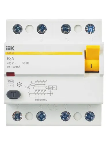 Выключатель дифференциального тока (УЗО) 4п 63А 100мА тип AC ВД1-63 KARAT IEK MDV10-4-063-100 фото 2