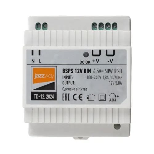 Блок питания для светодиодной ленты BSPS DIN 12В 4.5А=60Вт PL IP20 Pro+ JazzWay 5049963