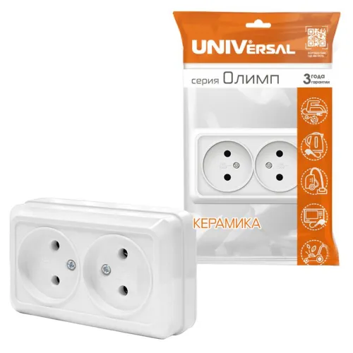 Розетка 2-м ОП Олимп 16А IP20 без заземл. бел. UNIVersal О0102 фото 3