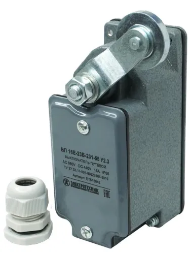 Выключатель путевой ВП 16Е-23Б-231-55 У2.3 1НО+1НЗ IP55 рычаг с роликом с сальником ход вправо самовозврат Электротехник ET518042