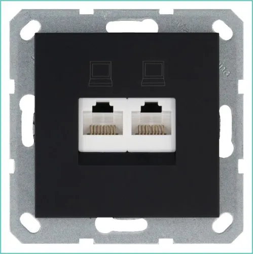 Розетка компьютерная 2-м RJ45 IP20 кат. 6 механизм черн. матов. soft touch Jasmart G6108PB
