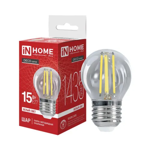 Лампа светодиодная филаментная LED-ШАР-deco шар прозрачная 15Вт 230В E27 4000К 1435лм IN HOME 4690612055985