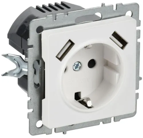 Розетка BRITE РЮш10-2-БрАБ 16А с USB A+A 3.1А с заземл. защ. шторки механизм арктич. бел. IEK BR-R14-16-U21-D31-K91