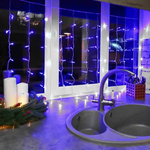 Гирлянда светодиодная "Светодиодный Дождь" 1.5х1м 96LED син. 8Вт 230В IP20 свечение с динамикой с контроллером провод прозр. Neon-Night 235-023 фото 2