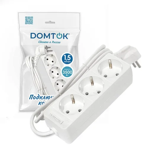 Удлинитель 3х1.5м с заземл. 16А IP20 3.5кВт ПВС 3х1 бел. DOMTOK 2389 фото 2