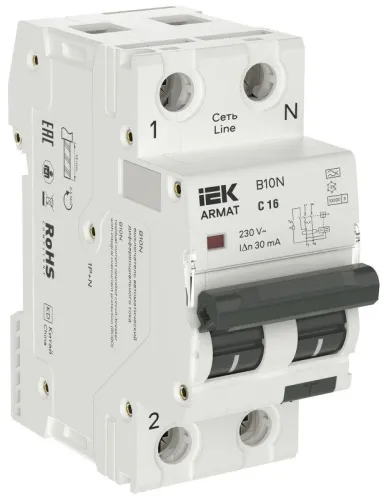 Выключатель автоматический дифференциального тока 2п (1P+NP) C 16 30мА тип A АВДТ B10N 36мм ARMAT IEK AR-B10N-1N-C016A030