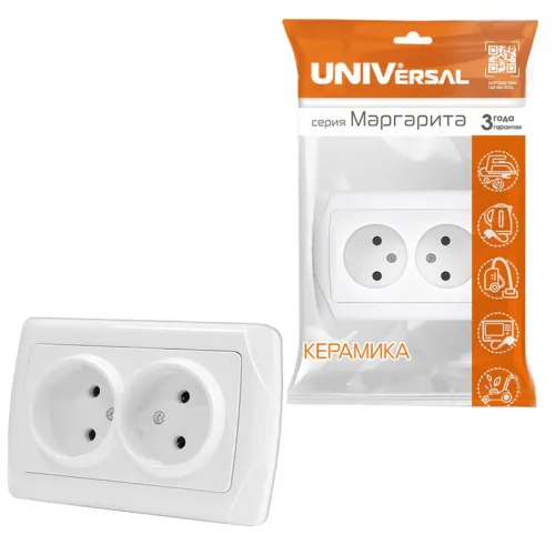 Розетка 2-м СП Маргарита 16А IP20 без заземл. бел. UNIVersal М0102 фото 2