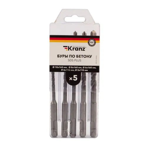 Набор буров по бетону 5-6х110 6-8-10х160мм 5шт пластик. коробка SDS PLUS Kranz KR-91-0406 фото 4