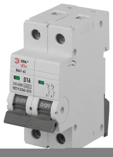 Выключатель автоматический 2п D 16А 4.5кА ВА47-63 PRO ЭРА Б0059463