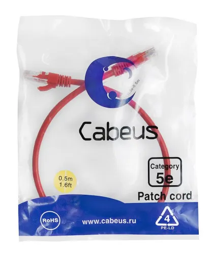 Патч-корд U/UTP кат.5E PC-UTP-RJ45-Cat.5e-0.5m-RD 2xRJ45/8p8c неэкранир. PVC 0.5м красн. Cabeus 7668c
