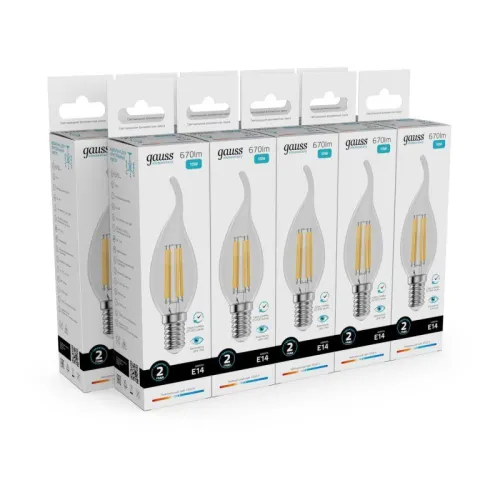 Лампа светодиодная филаментная Filament Elementary 10Вт свеча на ветру 4100К Е14 670лм GAUSS 42120 фото 2