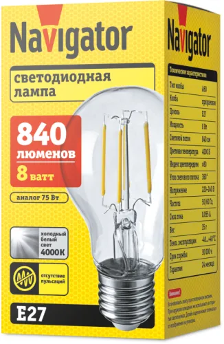 Лампа светодиодная 61 345 NLL-F-A60-8-230-4K-E27 8Вт грушевидная прозрачная 4000К нейтр. бел. E27 840лм 176-264В Navigator 61345 фото 2