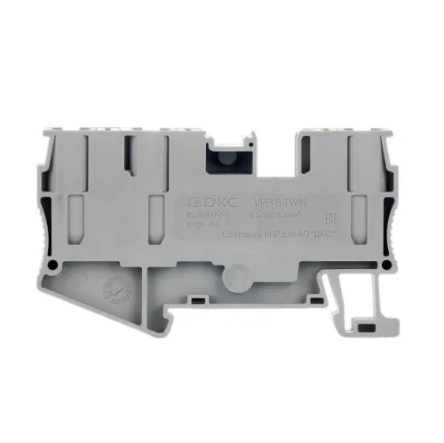 Клемма проходная зажим push-in 3 точки подключения 6кв.мм сер. DKC VPR-6-TWIN-GY фото 2