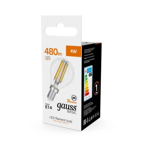 Лампа светодиодная филаментная Basic Filament 4Вт Шар 3000К E14 480лм GAUSS 50512142 фото 6