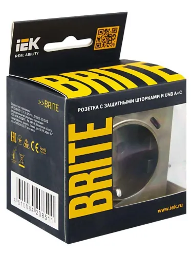 Розетка BRITE РЮш11-1-БрШ 16А с USB A+C 18Вт с заземл. защ. шторки механизм шампань IEK BR-R14-16-U22-018-K37 фото 8