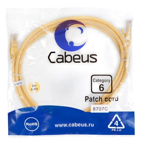 Патч-корд U/UTP кат.6 PC-UTP-RJ45-Cat.6-2m-YL 2xRJ45/8p8c неэкранир. PVC 2м желт. Cabeus 8707c