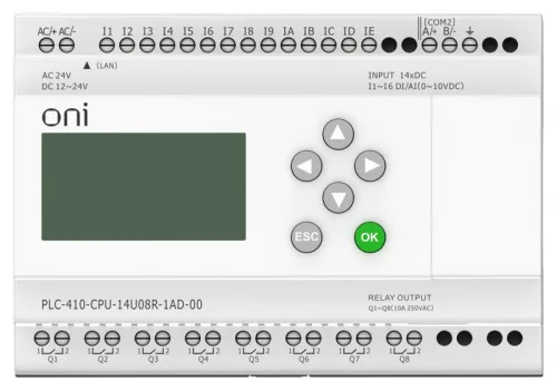 Модуль ЦПУ ПЛК 410 8 DI 6 UI (0-10В/DI) 8 RO 12В-24В DC или 24В AC с Ethernet портом с экраном ONI PLC-410-CPU-14U08R-1AD-00 фото 2