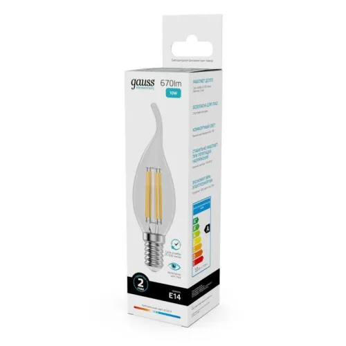 Лампа светодиодная филаментная Filament Elementary 10Вт свеча на ветру 4100К Е14 670лм GAUSS 42120 фото 3