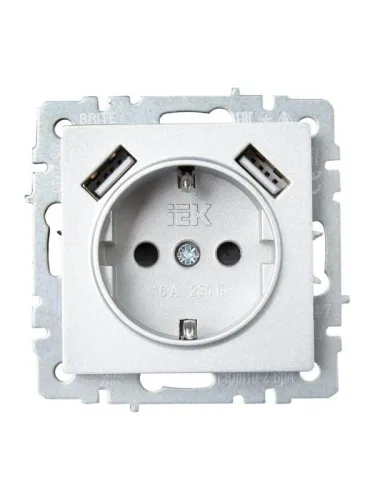 Розетка BRITE РЮш10-2-БрА 16А с USB A+A 3.1А с заземл. защ. шторки механизм алюм. IEK BR-R14-16-U21-D31-K47 фото 3