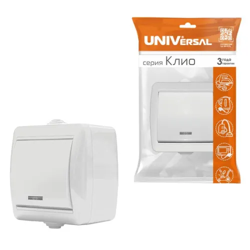 Выключатель 1-кл. ОП Клио с подсветкой 10А IP44 бел. UNIVersal К2225 фото 2