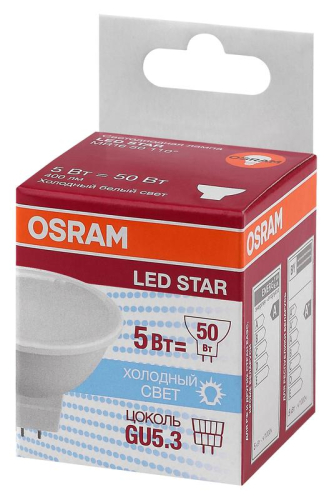 Лампа светодиодная LED Star MR16 50110 5W/840 230V GU5.3 5Вт матовая 4000К нейтр. бел. GU5.3 MR16 400лм 220-240В пластик. (замена 50Вт) OSRAM 4058075480490 фото 2