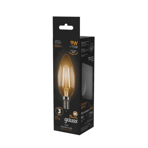 Лампа светодиодная филаментная Black Filament 9Вт свеча 2700К тепл. бел. E14 680лм GAUSS 103801109 фото 3