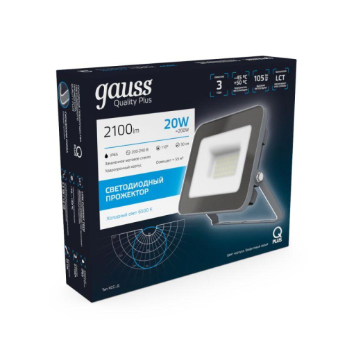 Прожектор светодиодный Qplus 20Вт 6500К IP65 2100лм 200-240В ДО графит. GAUSS 690511320 фото 5