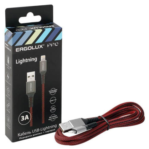 Кабель USB-Lightning ELX-CDC09-C43 3А 1.5м черн./красн. ткань зарядка+ПД коробка Ergolux 15310 фото 2