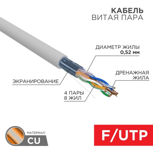 Кабель витая пара F/UTP кат.5E 4х2х0.52 24AWG PVC INDOOR SOLID сер. (305м) PRO Rexant 02-0025