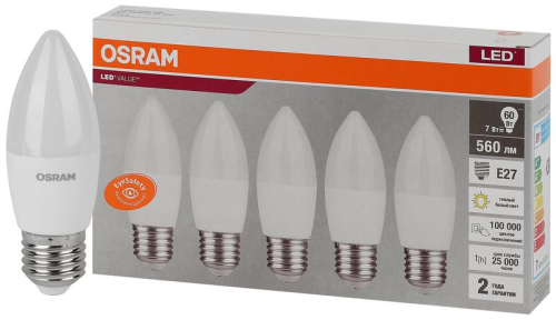 Лампа светодиодная LED Value LVCLB60 7SW/830 7Вт свеча матовая E27 230В 2х5 RU (уп.5шт) OSRAM 4058075578012