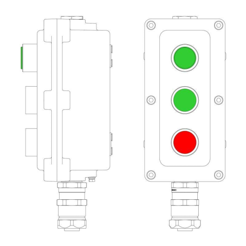 Пост управления взрывонепроницаемый из алюминия LCSD-03-B-MC-L1G(220)x1-P1G(11)x1-P1R(11)x1-PCMB-KAEPM3MHK-20 DKC LCSD21000126