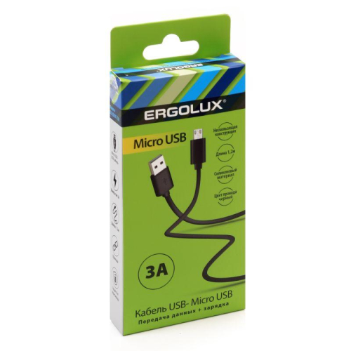 Кабель USB-Micro USB 3А 1.2м зарядка + передача данных черн. (коробка) ERGOLUX 15093 фото 2