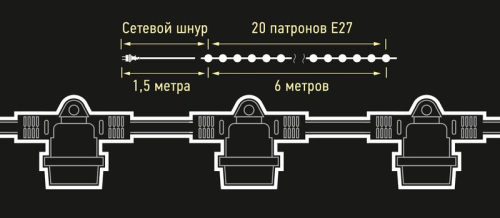 Гирлянда уличная "Белт-лайт" PBL-S20/L06+1.5 Black E27 IP65 6м 20ламп 1.5м шнур соедин. в линию max750Вт (лампы не в компл.; возможно использов. с фитолампами в теплице) JazzWay 5040540A фото 3