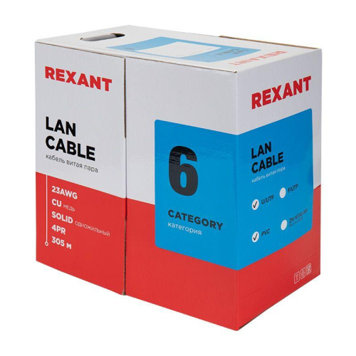 Кабель витая пара U/UTP кат.6 4х2х23AWG solid CU PVC син. (м) Rexant 01-0047 фото 3